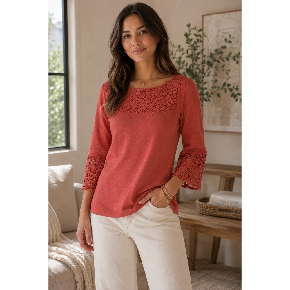 Soft Surroundings Sweater Womens XS Coral Lace Verbena Tunic Boho Crochet